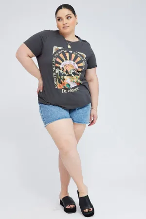 Grey Graphic T-shirt Short Sleeve Crew Neck Stylish Outfit Micro Perforation