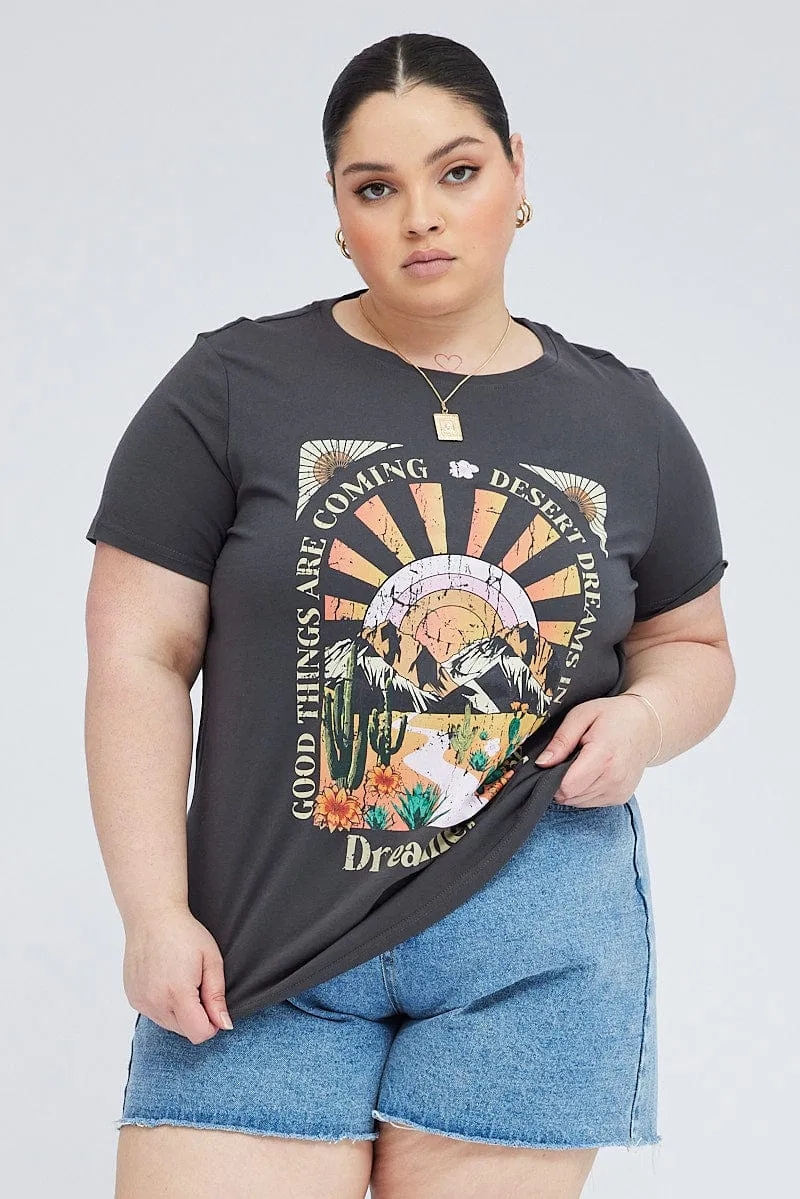 Grey Graphic T-shirt Short Sleeve Crew Neck Stylish