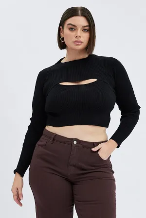 Chic Wear QuickDryingTech Black Knitted Cami Top And High Neck Shrug Set