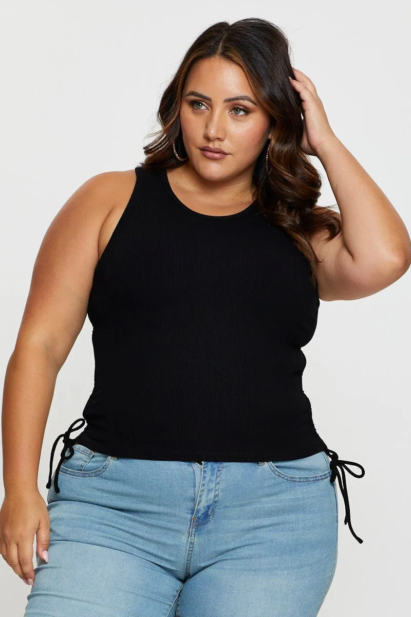 Stage Soul Black Tank Top Crew Neck Sleeveless Rib Drawstring