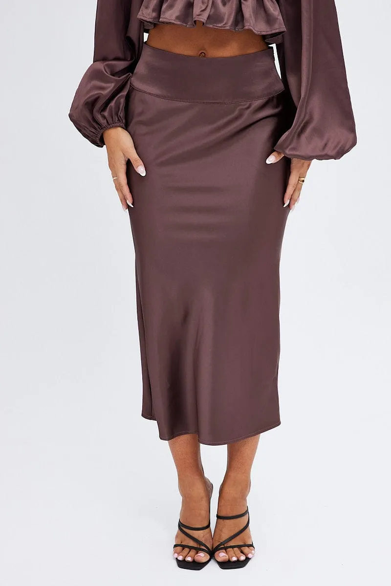 Brown Midi Skirt High Waisted Satin Bias Cut Soft Outfit