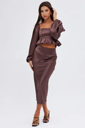 Adjustable Hem Sleek Appeal Brown Midi Skirt High Waisted Satin Bias Cut