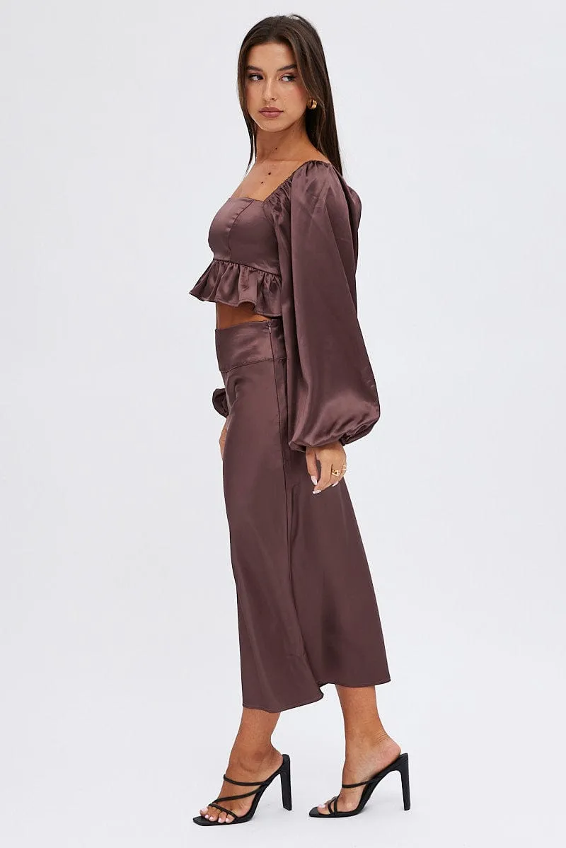 Elastic hem Limited Edition Brown Midi Skirt High Waisted Satin Bias Cut
