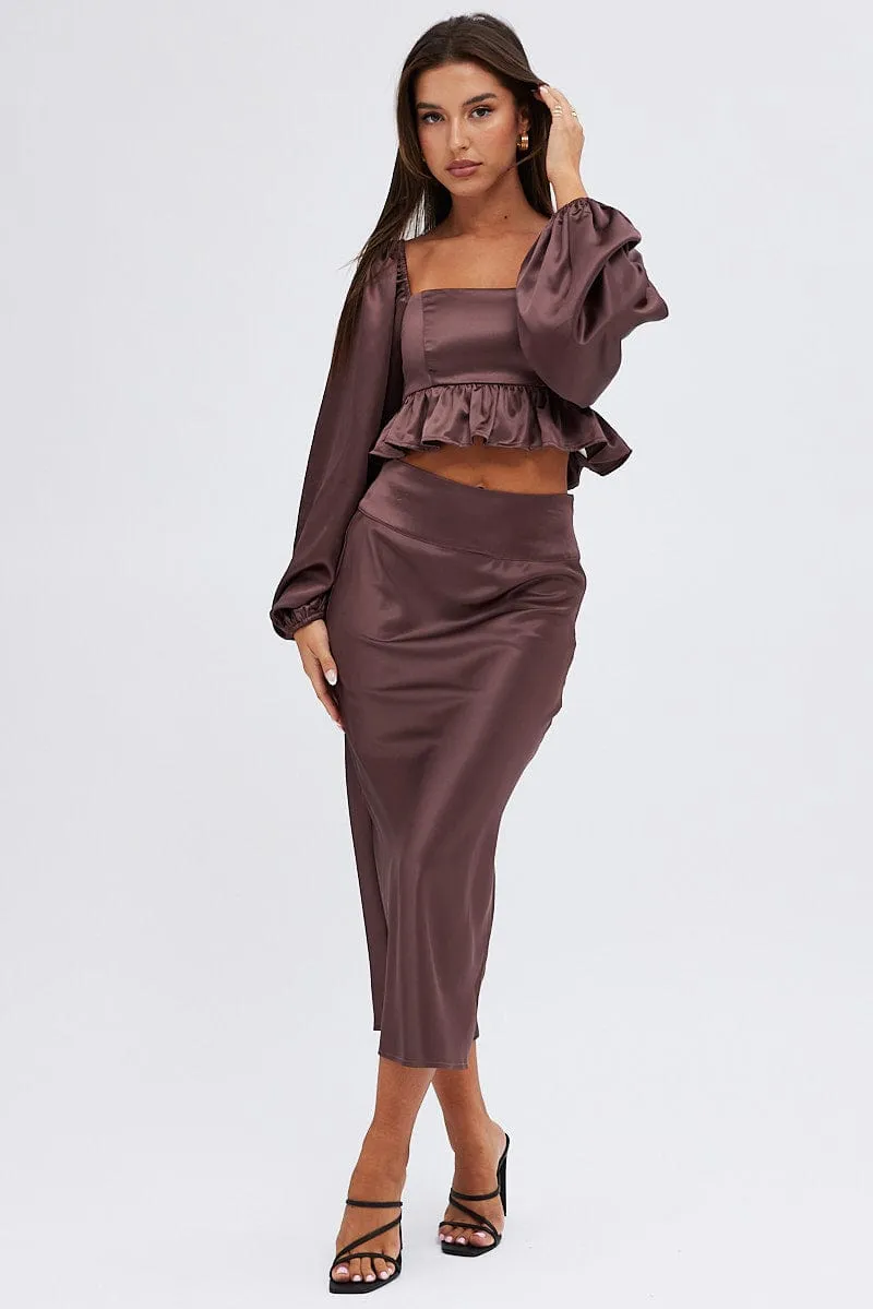 Adjustable Hem Sleek Appeal Brown Midi Skirt High Waisted Satin Bias Cut