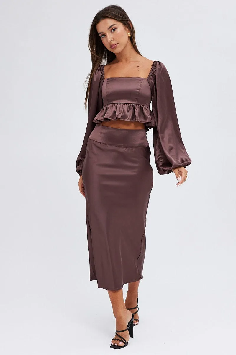 Brown Midi Skirt High Waisted Satin Bias Cut Relaxed Style