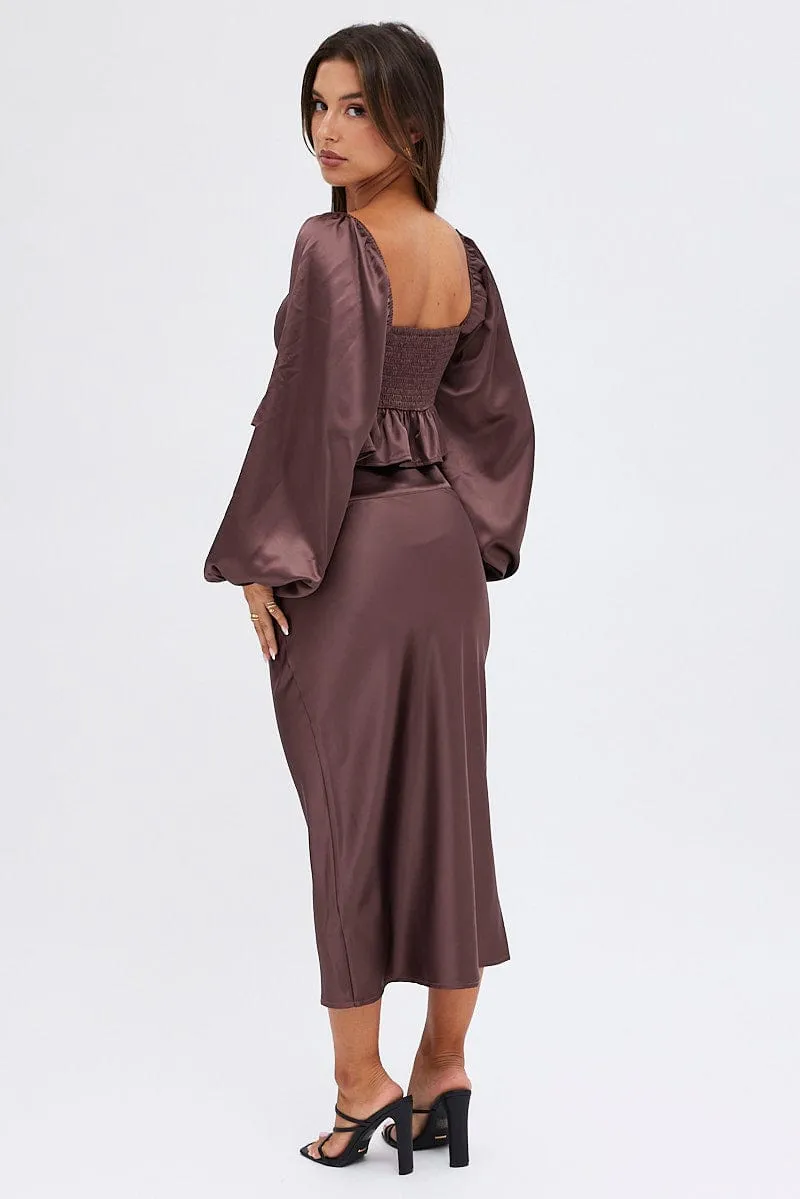 Brown Midi Skirt High Waisted Satin Bias Cut Warm Insulation Neat Look