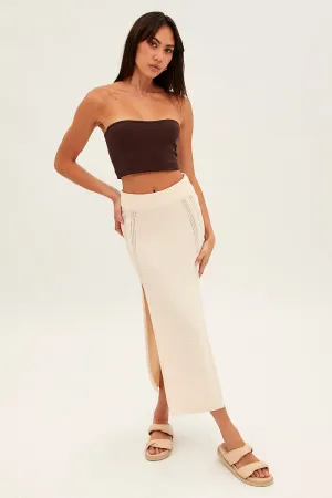 Artisanal Craft Thermal Regulating Beige Midi Skirt Knit Front Split