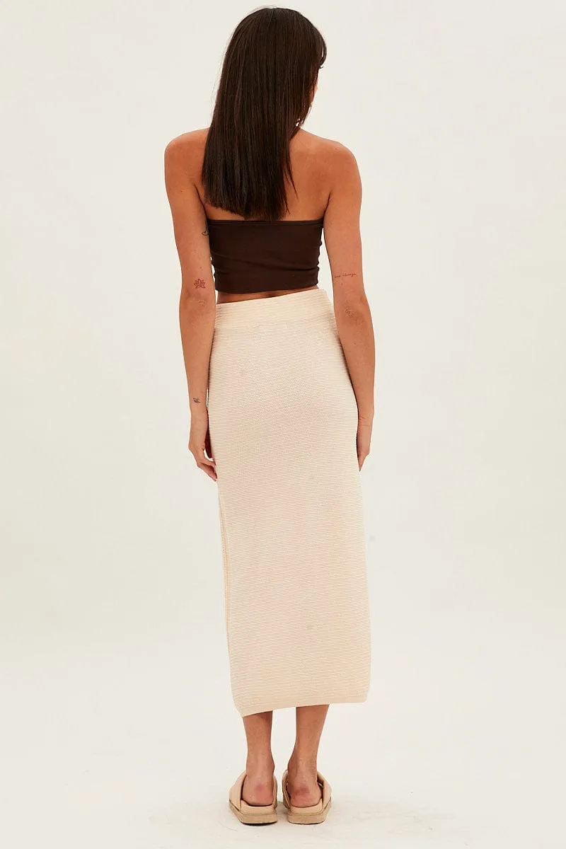Non Slip Waist Beige Midi Skirt Knit Front Split
