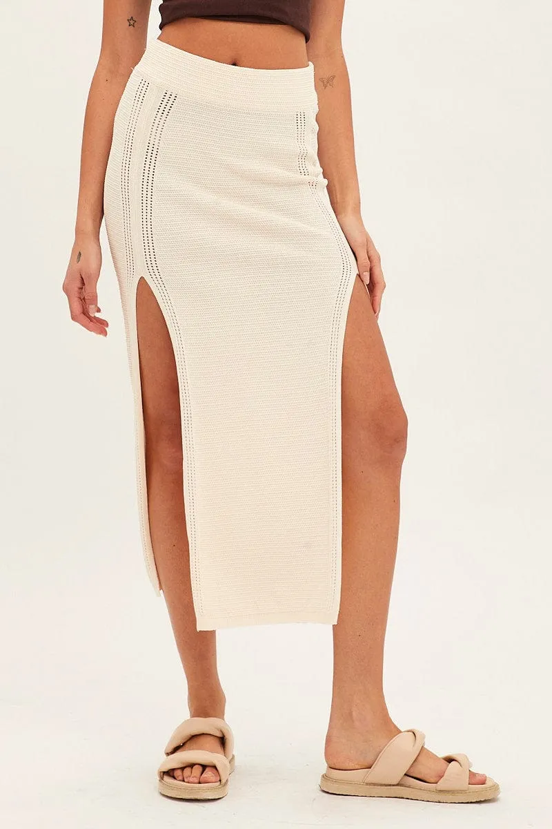 Beige Midi Skirt Knit Front Split Couture Inspired