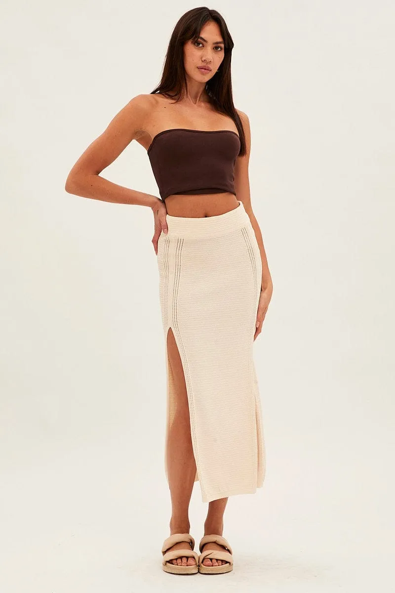Smooth Edging Beige Midi Skirt Knit Front Split