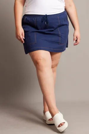 Blue Contrast Stitch Cotton Mini Skirt understated look Easy Motion