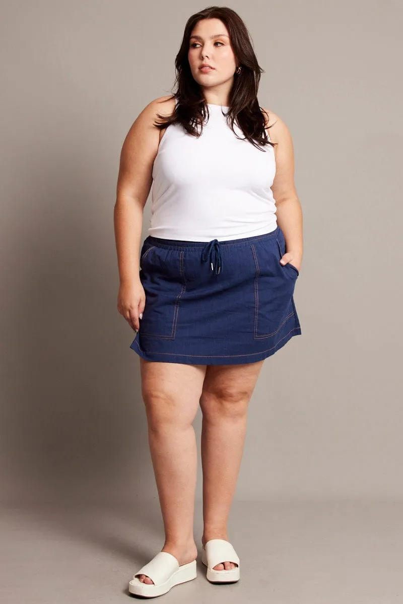 Blue Contrast Stitch Cotton Mini Skirt Athleisure Inspired