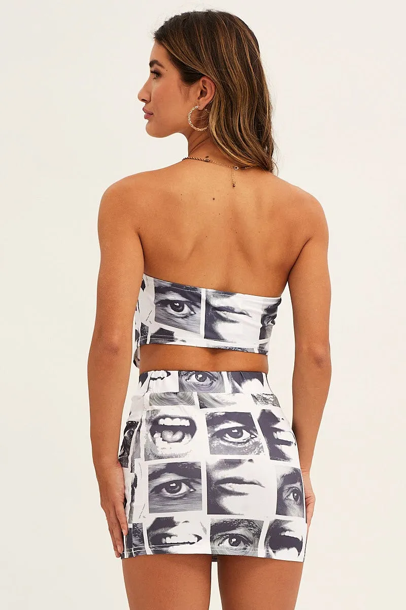 White Abstract Mini Skirt Matching Belt