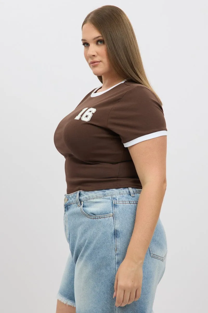 Seasonal Comfort Brown Graphic T Shirt Short Sleeve Crew Neck