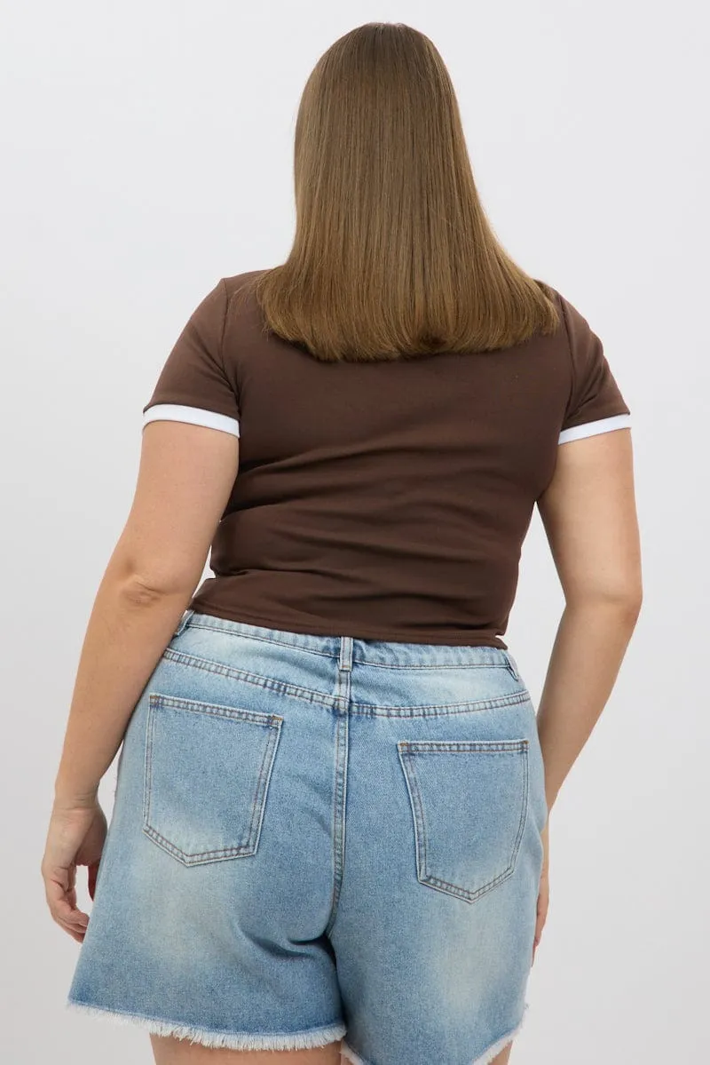 Sporty Style Wear Wicking Interlock Knit Brown Graphic T Shirt Short Sleeve Crew Neck