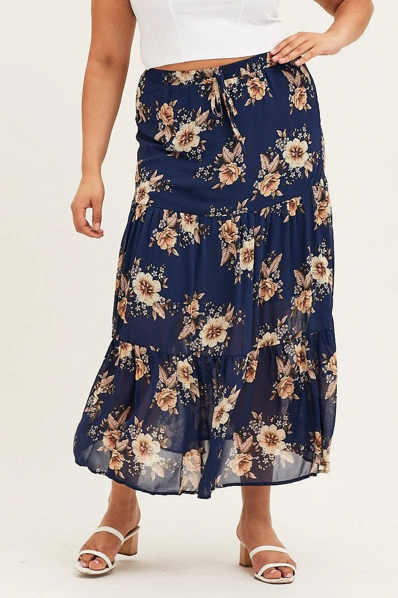 Satin feel Floral Print Tiered Maxi Full Skirt