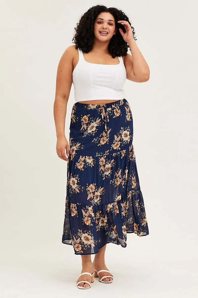 Linen blend Floral Print Tiered Maxi Full Skirt