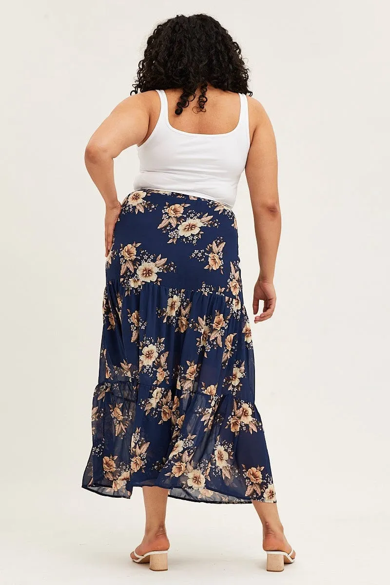 Floral Print Tiered Maxi Full Skirt Soft Outfit Thermoregulating Fabric