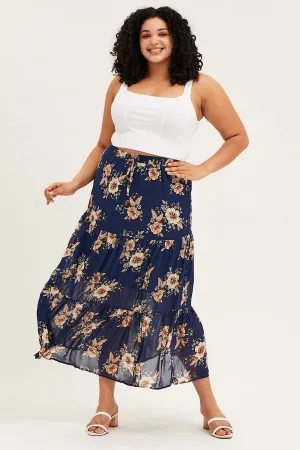Reinforced Seams Floral Print Tiered Maxi Full Skirt