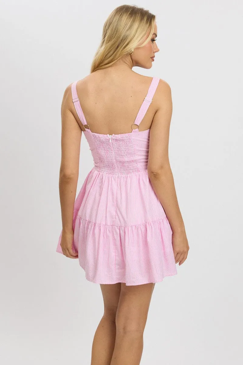 Pink Stripe Fit And Flare Dress Mini Gathered Bust Urban Fashion Shine Rush