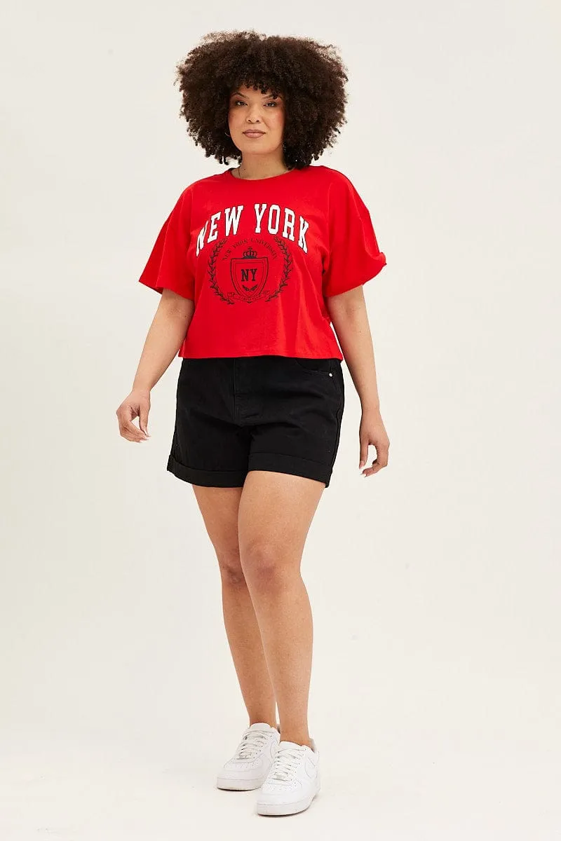 Anti Pill Surface Red Short Sleeve New York Crop T-shirt