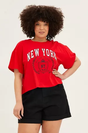 Men's Smooth Jersey Texture Red Short Sleeve New York Crop T-shirt