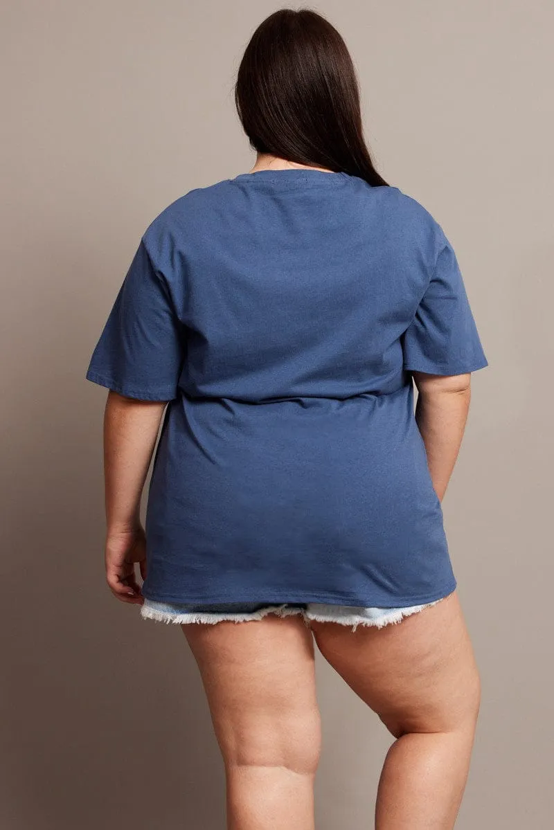 DropShoulderDesign Winter Layer Blue Graphic T-shirt Short Sleeve Crew Neck