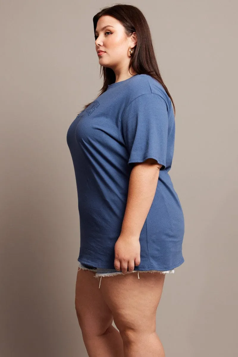 Blue Graphic T-shirt Short Sleeve Crew Neck Drop Shoulder Design Stretchable Knit