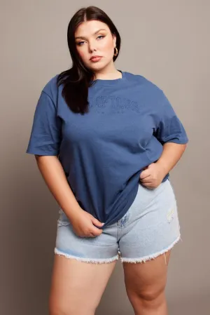 Soft Layer Street Fashion Blue Graphic T-shirt Short Sleeve Crew Neck