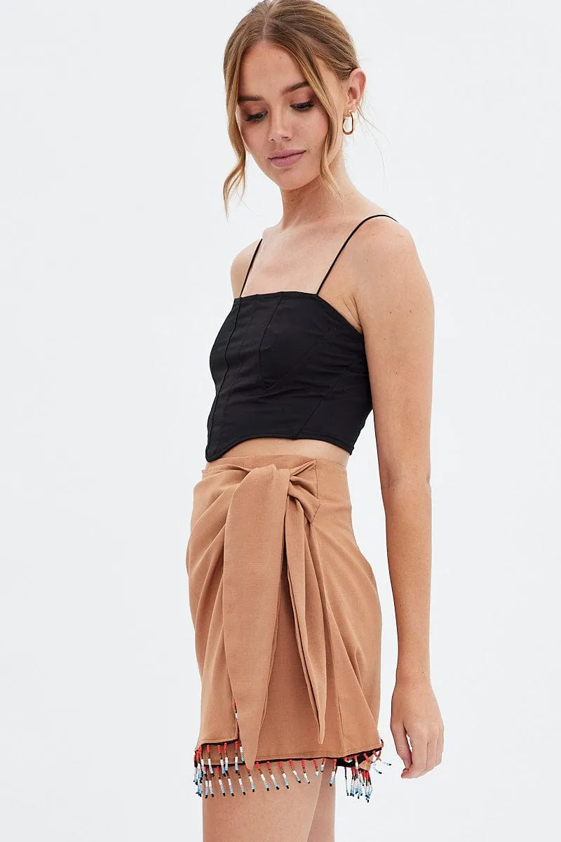 Beige Abstract Wrap Skirt Mini Tassels Slim Fit Band