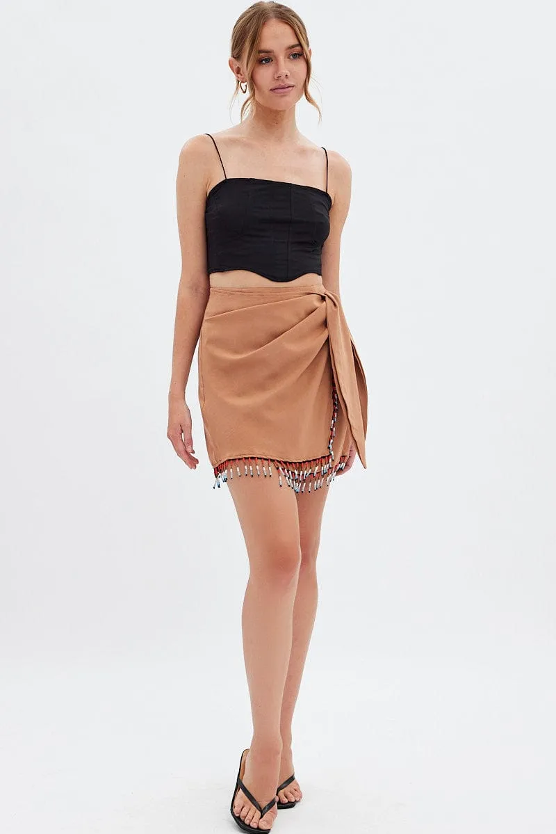 Exclusive Drop Smart Casual Beige Abstract Wrap Skirt Mini Tassels