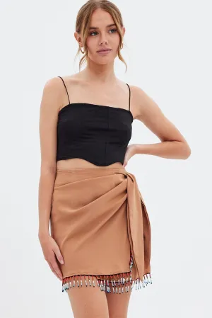 Beige Abstract Wrap Skirt Mini Tassels Modern Outfit