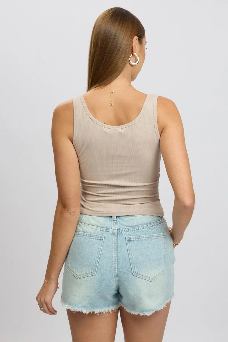 Beige Rib Tank Button Front Urban Pulse MoistureWickingMaterial