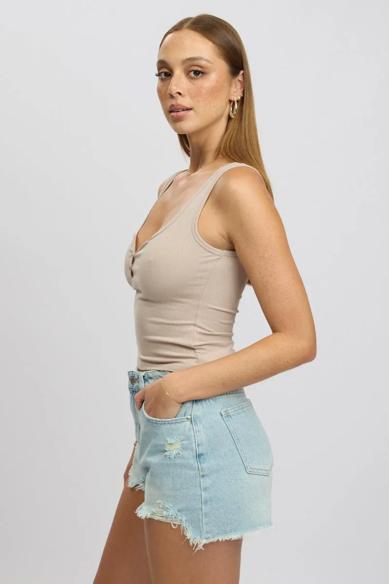 Beige Rib Tank Button Front Festival Air Leather Core