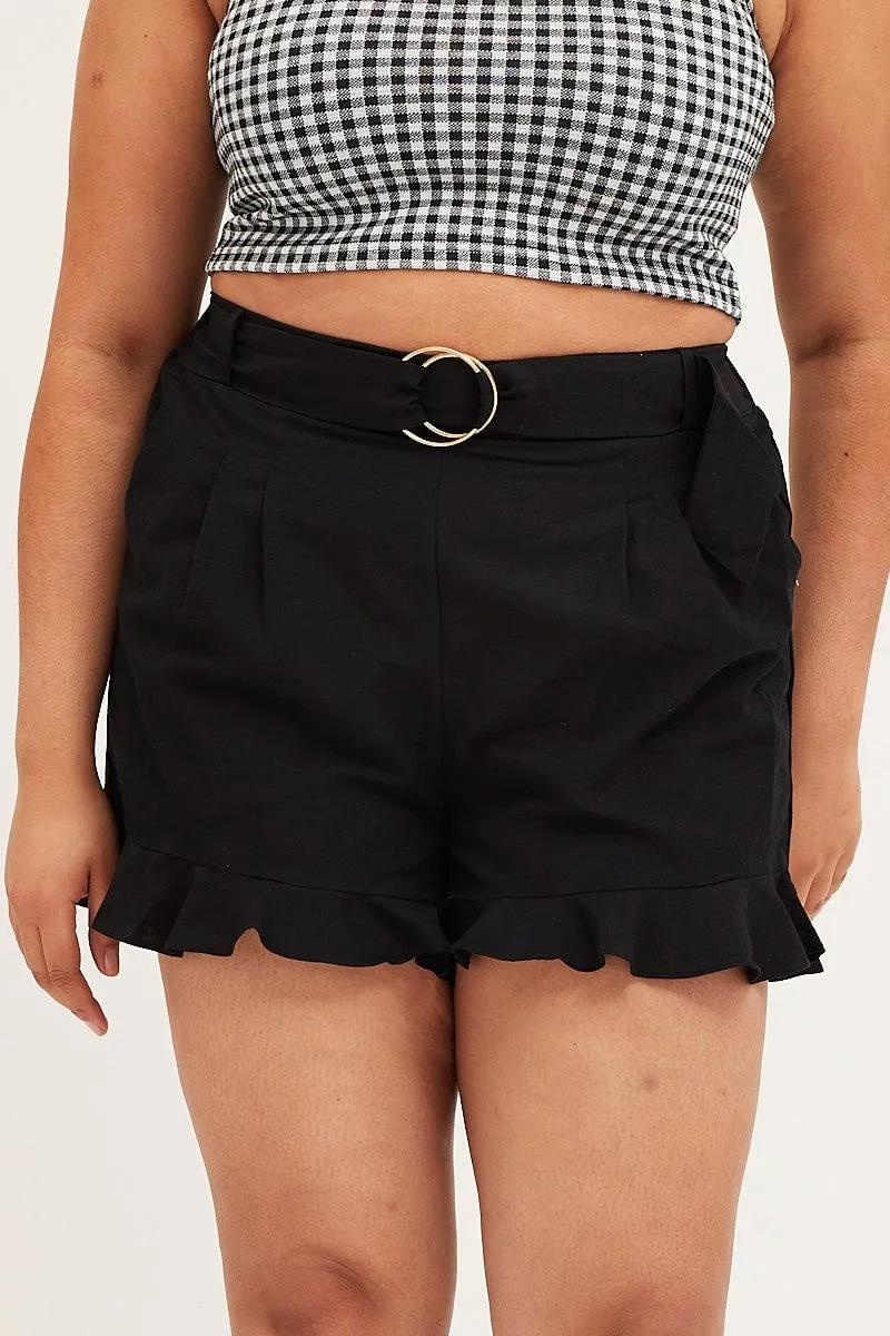 AllSeasonWear Black Belted Shorts Mid Rise Linen Blend Ruffle Hem
