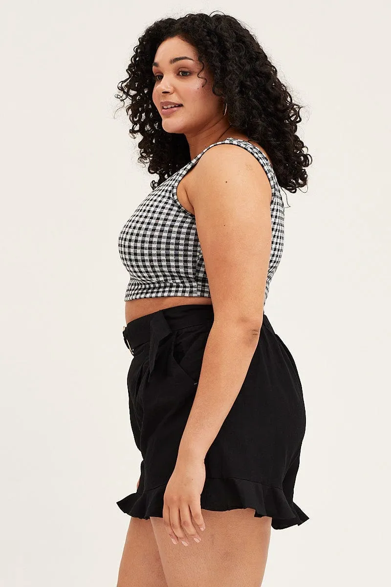 Black Belted Shorts Mid Rise Linen Blend Ruffle Hem Retro cool Wild Mood