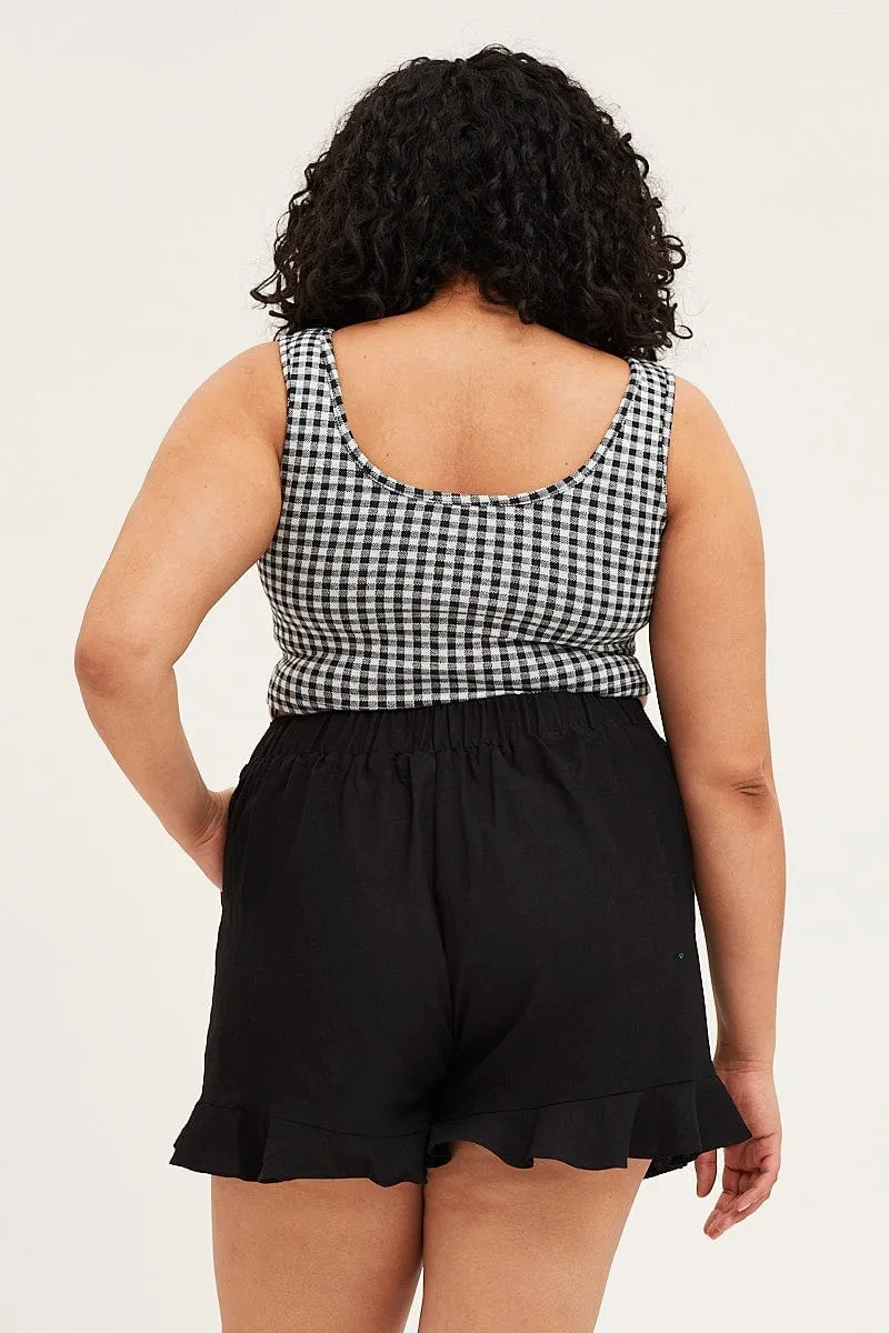 Black Belted Shorts Mid Rise Linen Blend Ruffle Hem CompressionEnhanced Fit