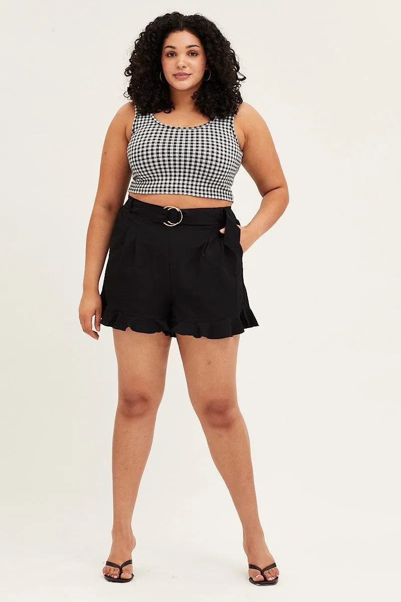 Black Belted Shorts Mid Rise Linen Blend Ruffle Hem Royal Mode SeamlessConstruction