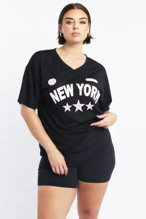 ReinforcedShoulderPanels Streetwear Style Black Graphic T Shirt Short Sleeve Crew Neck
