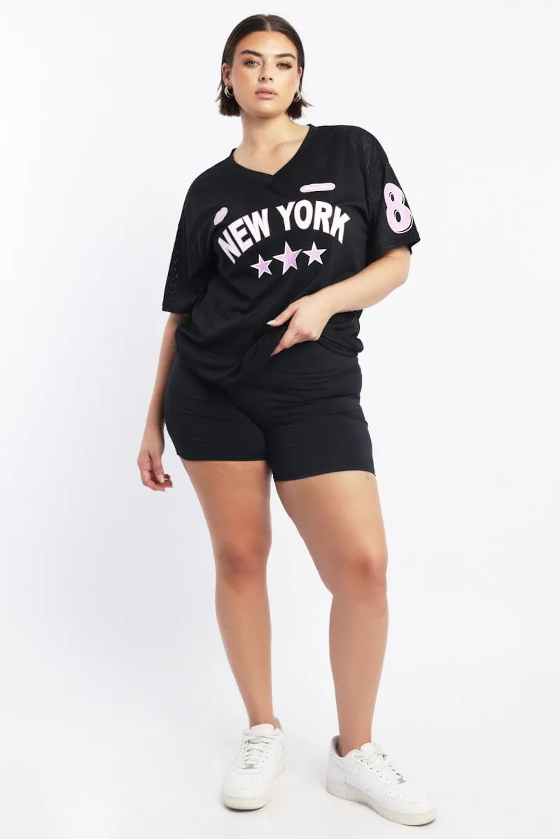 Black Graphic T Shirt Short Sleeve Crew Neck Longline Hemline All-Season Comfort