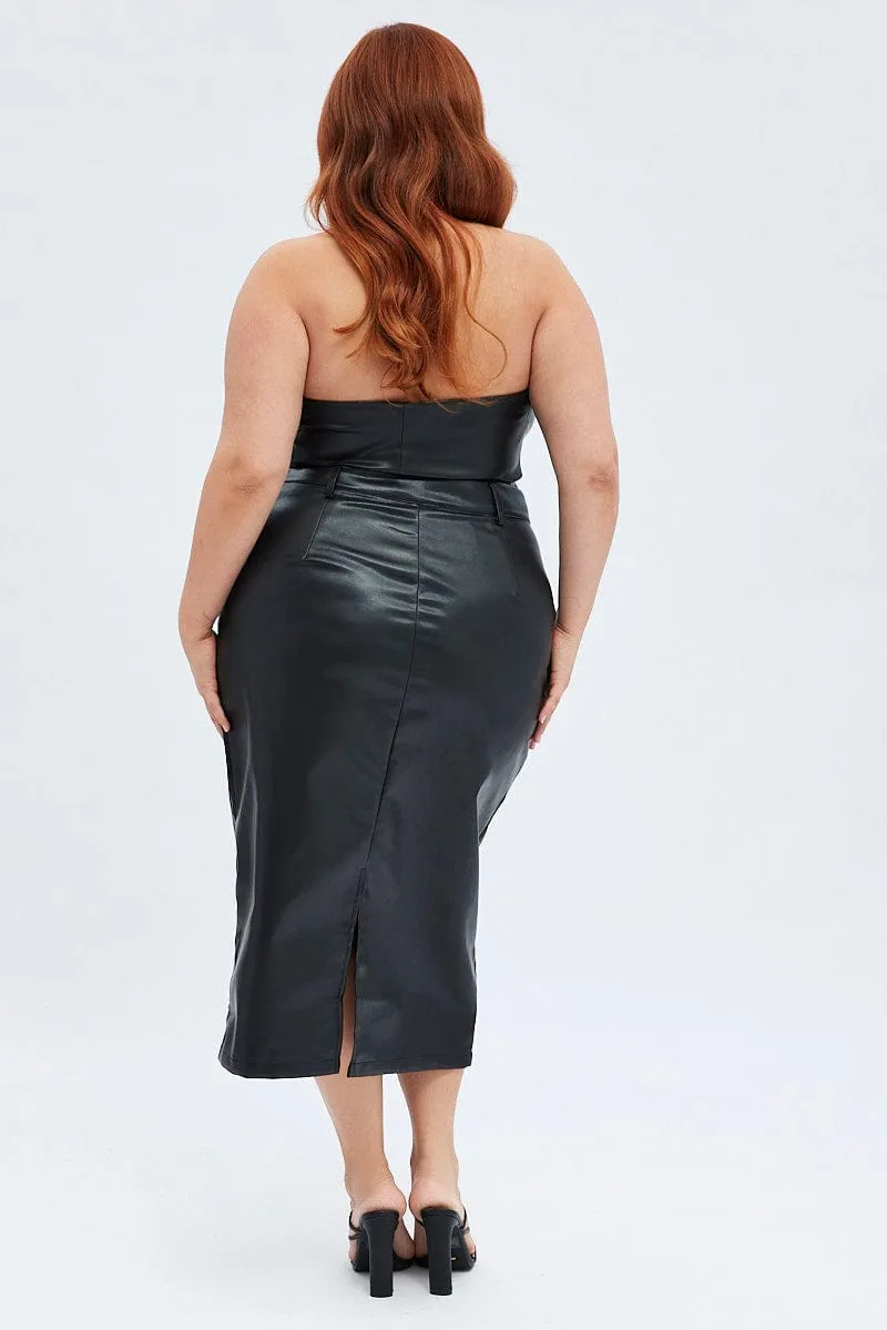 Black Midi Skirt Faux Leather Pencil High Waist Crafted Detail Tear Resistant