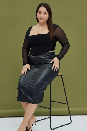 Street Edge Eco conscious Black Midi Skirt Faux Leather Pencil High Waist