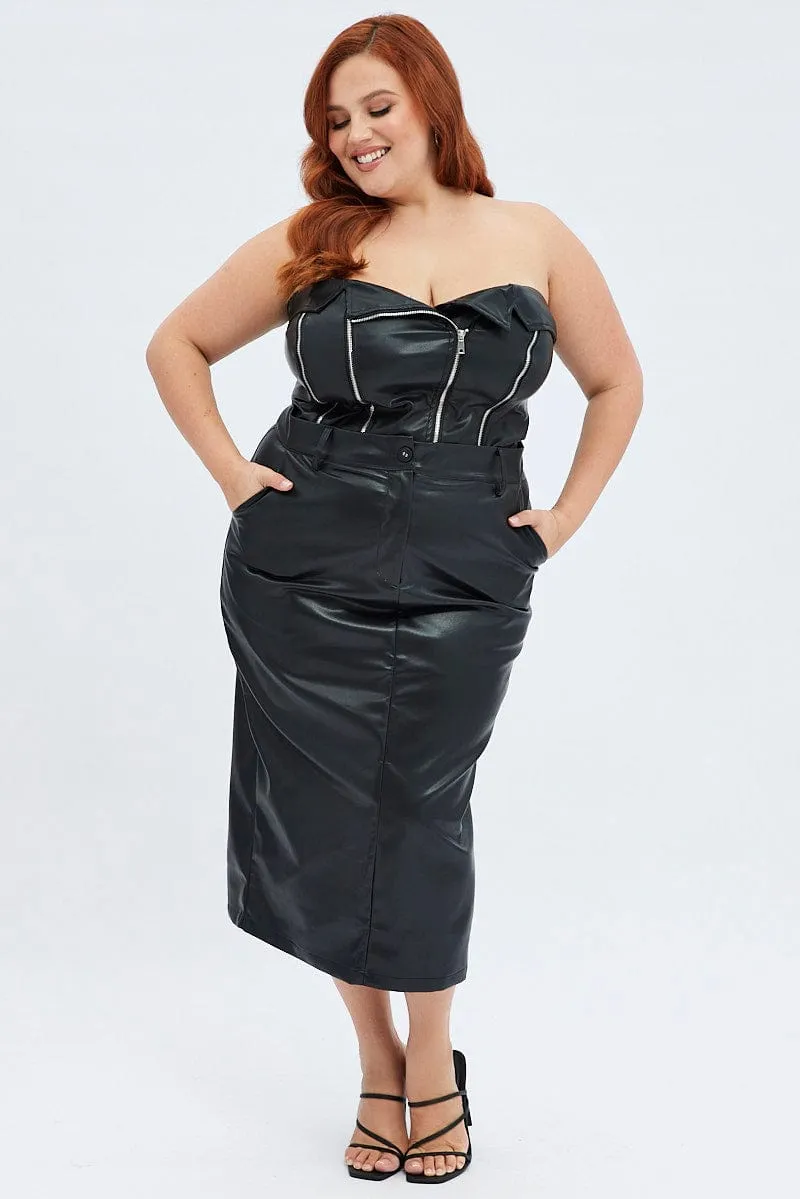 Black Midi Skirt Faux Leather Pencil High Waist Detail Focus gentle style