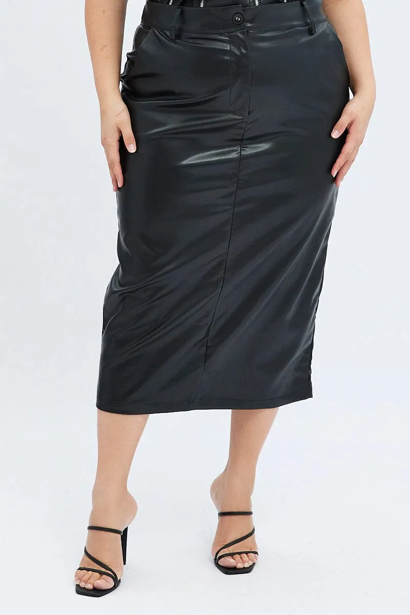 Black Midi Skirt Faux Leather Pencil High Waist Slim Fit Band