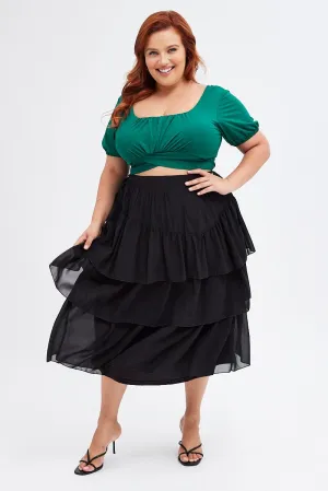 Black Midi Skirt Ruffle Hem Layered Look