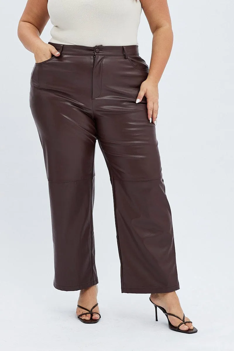 Brown Faux Leather Pants High Button Waist Wide Leg Wrinklefree Quick Access Pockets