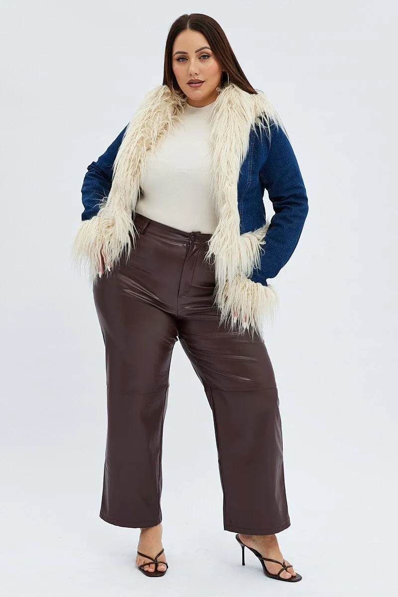 Brown Faux Leather Pants High Button Waist Wide Leg Lightweight Construction