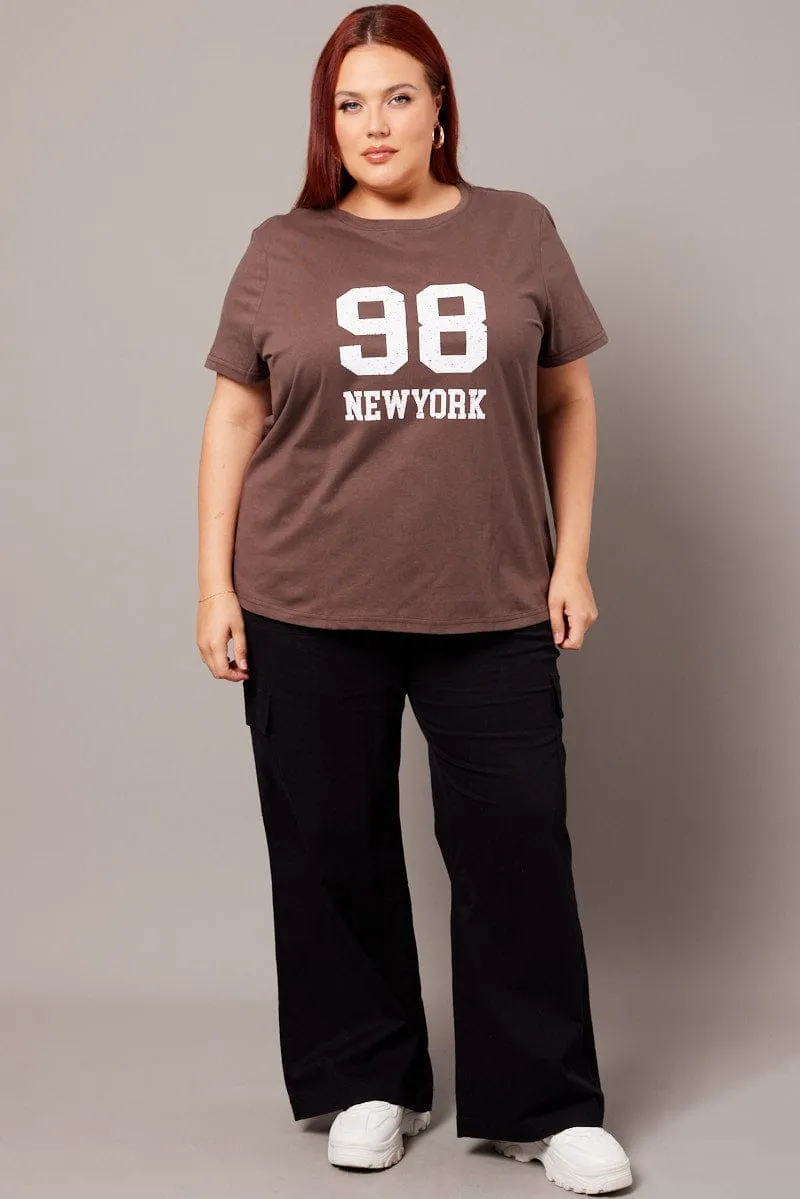 Microfiber Blend Brown Graphic T-shirt Short Sleeve Crew Neck