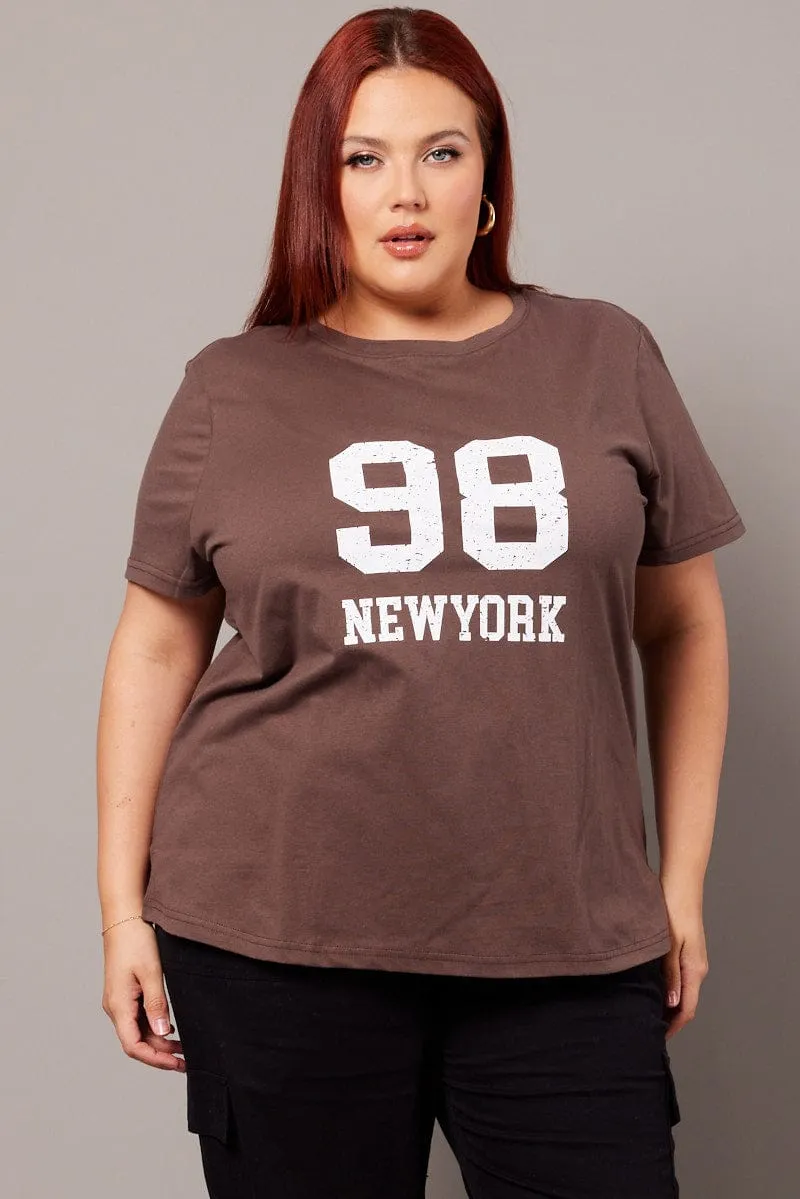 Brown Graphic T-shirt Short Sleeve Crew Neck Breathable Essentials Premium Material