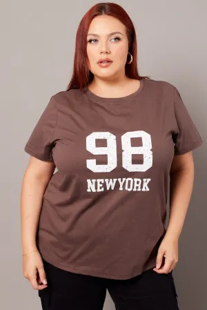 Brown Graphic T-shirt Short Sleeve Crew Neck Daily Style Trend color blocking